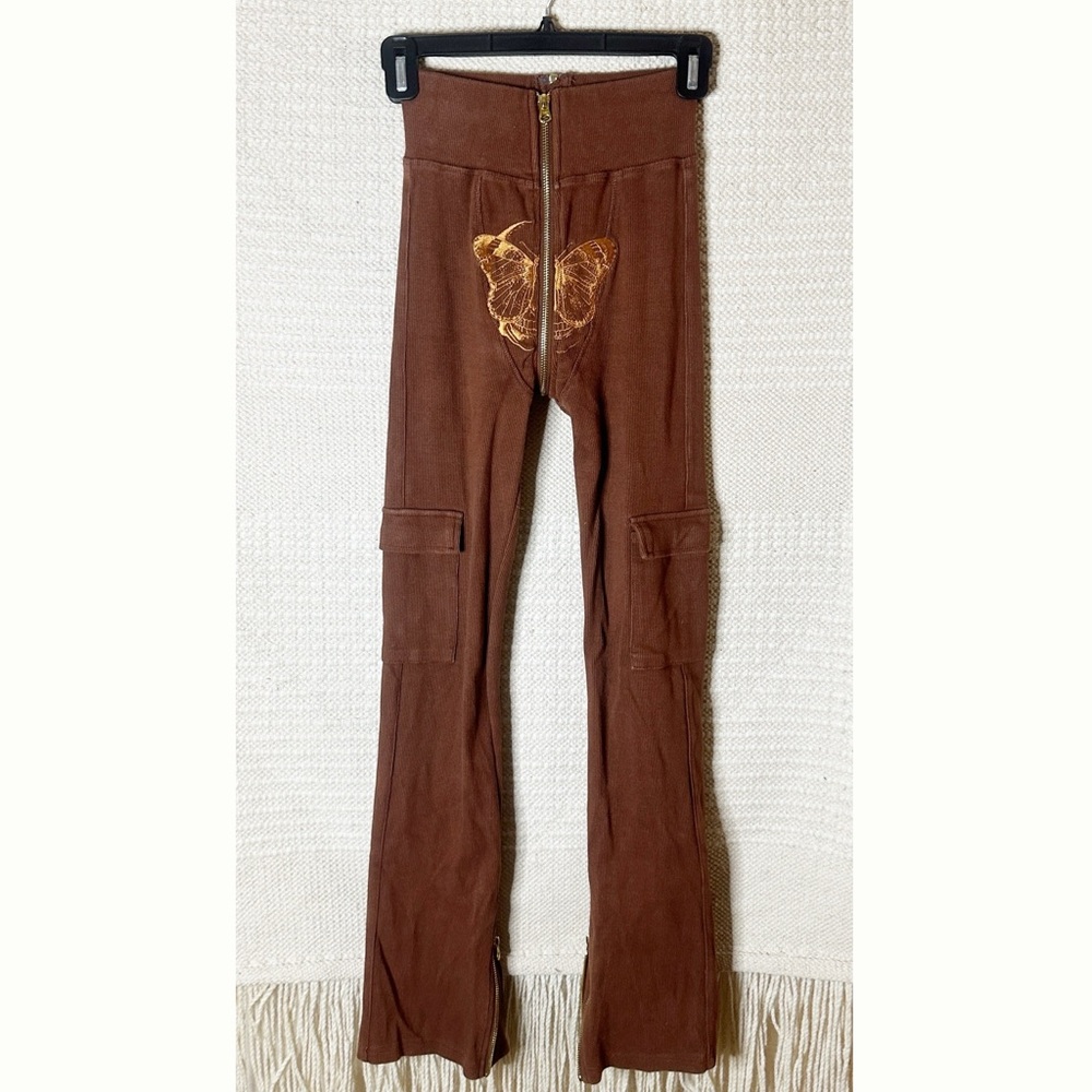 TORDROBES brown butterfly ribbed Signature Uzip pants XS